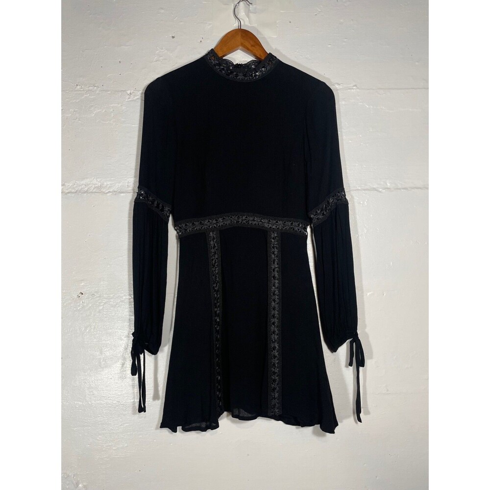 Black Mini Dress High Neck Long Sleeve Lace Detail LBD Lost + Wander Small - Picture 2 of 14